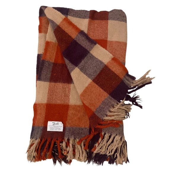 Plaid Wool Throw Blanket - Orange, Brown, Cream - Picture 2 of 7